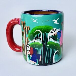 Hand Painted Cancun‎ Mexico Folk Art Ceramic Coffee Mug Cacti Scene Turquoise